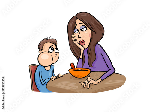 Tired mother and child at mealtime