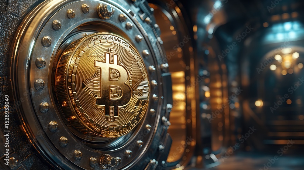 Fototapeta premium A gold-encrusted bitcoin floating above a luxurious bank vault