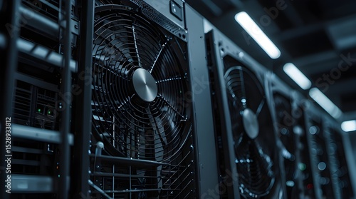 Closeup of fans in an interior data center, symbolizing the cool air flow. precise temperature control and energy efficiency in a high-tech environment. generative.ai