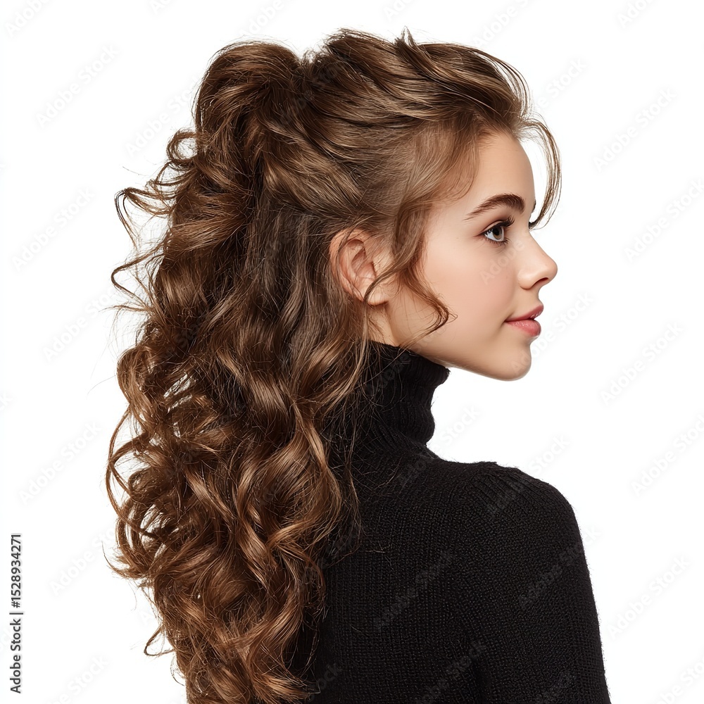 Obraz premium Beautiful brunette woman with curly hair and a black turtleneck sweater on a white background portrait view