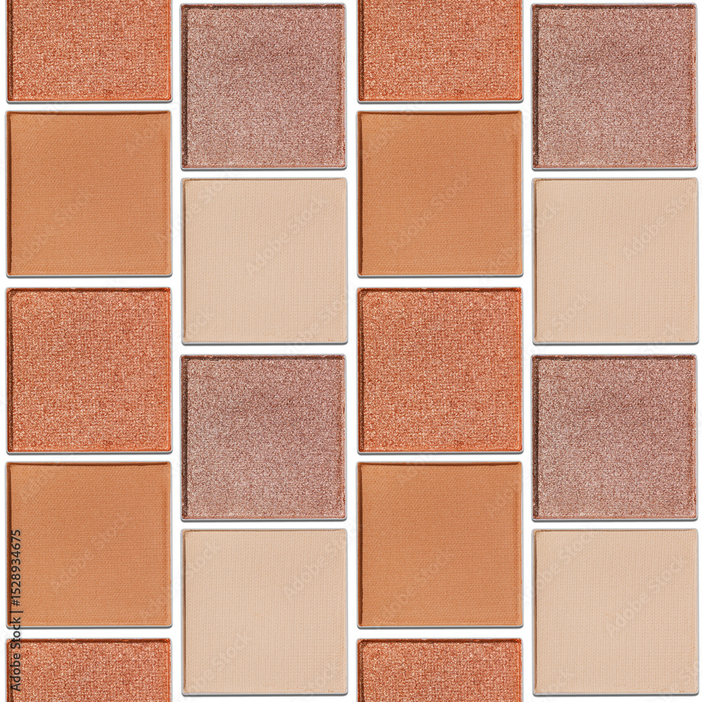 Fototapeta premium Swatches eyeshadow refills as minimal seamless pattern. Matte and glitter pans beige brown copper shade, detailed texture, natural light, minimal cosmetics background, beauty product, eye makeup