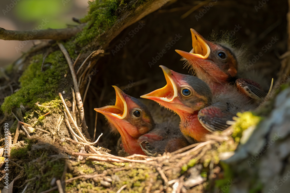 Fototapeta premium From above of small cute hungry thrush chicks with sitting together in nest with opened beaks
