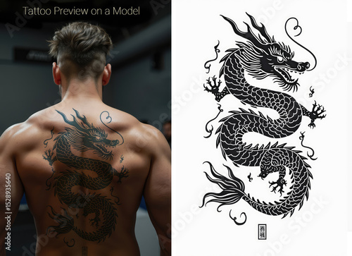  Bold tribal dragon tattoo design in striking blackwork style! Perfect for arm, shoulder, or back ink ideas. High-res, vector-style graphic for prints, merch, or digital art projects.
