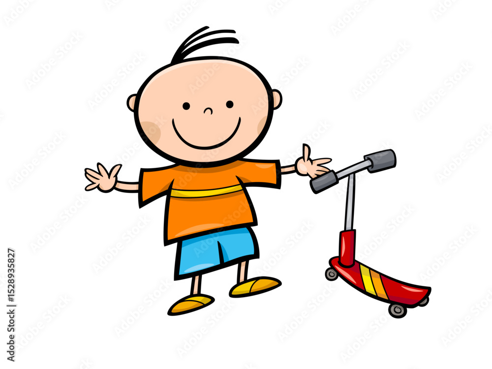 Happy Cartoon Boy with Red Scooter Ready for Fun Outdoor Activity Happy Cartoon Boy with Red Scooter Ready for Fun Outdoor Activity