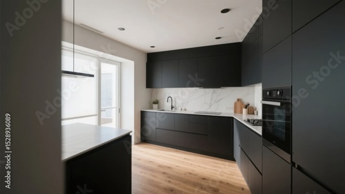 Modern kitchen with black cabinets and wooden floor, minimalist elegance in natural light