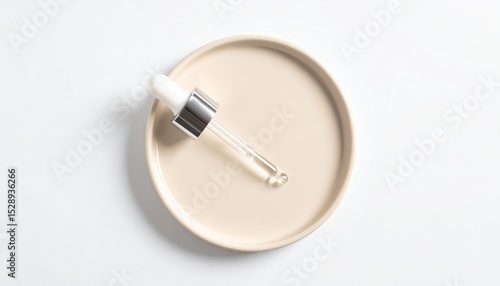 Wallpaper Mural Minimalist Glass Dropper Bottle on Beige Dish Wellness Product Photography. Torontodigital.ca