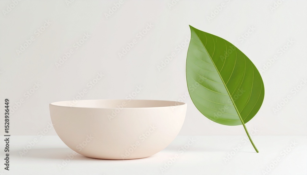 Pastel Pink Bowl and Green Leaf Minimalist Still Life Product Mockup. Pastel Pink Bowl and Green Leaf Minimalist Still Life Product Mockup.