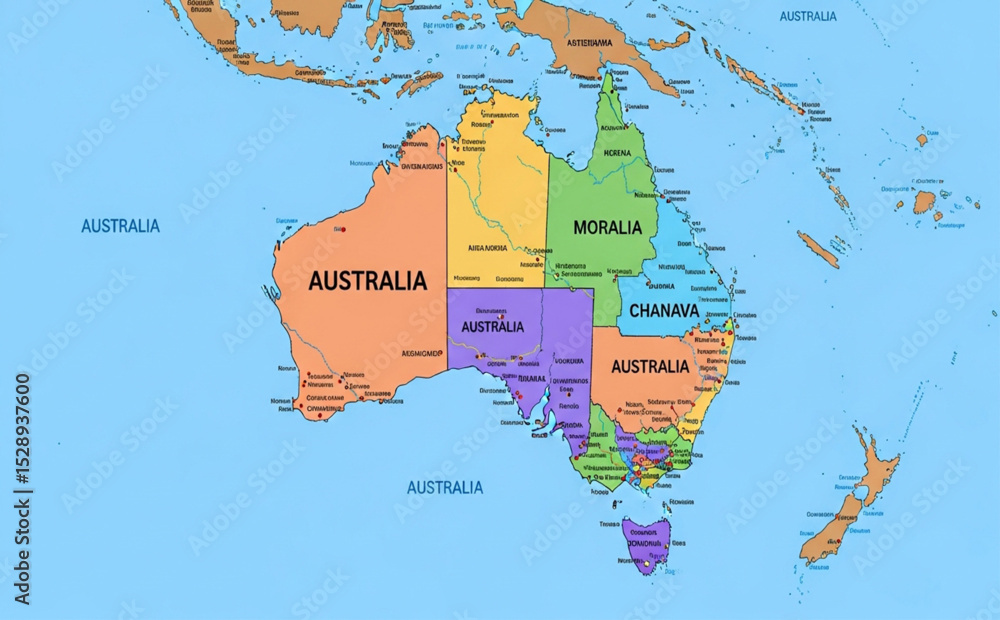 Obraz premium Detailed Colorful Political Map of Australia with States and Territories