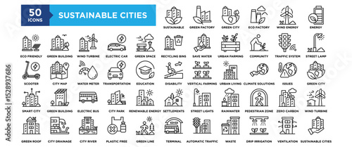 50 Sustainable Cities icon set. Containing design Sustainable, Green Factory, Green City, Eco Factory , Eco Friendly