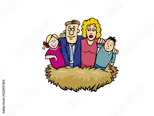 Happy cartoon family of four nestled securely in a cozy straw nest together