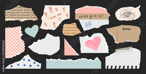 Torn paper collage set. Torn newspaper pieces, notes, motivational words, grid and line notebook sheets, torn paper heart and watercolor, hand drawn stars and hearts on paper, torn Gingham paper.
