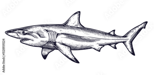Shark Black and White Vector Illustration, Sketch Drawing Linear Line Art Engraving, Isolated