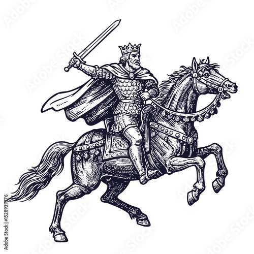 A medieval king in armor rides a gallant horse, sword raised, ready to charge into battle.engraving illustration