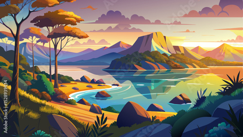 Sunrise nature landscape featuring the stunning Wineglass Bay in Tasmania, with calm waters, soft golden light, and majestic mountains in the background. Peaceful and breathtaking scenery