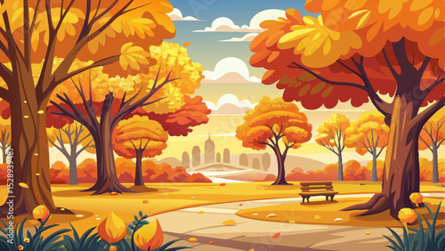 Autumn park scene featuring oak trees with vibrant yellow leaves, creating a picturesque fall background. Beautiful natural landscape with warm colors and copy space for text, vector illustration