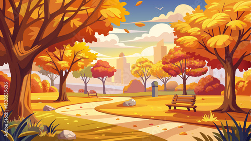 Autumn park scene featuring oak trees with vibrant yellow leaves, creating a picturesque fall background. Beautiful natural landscape with warm colors and copy space for text, vector illustration