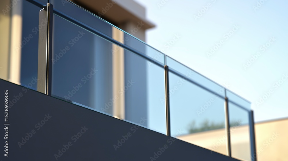 Fototapeta premium Modern glass balcony railing with sleek black metal posts against a blurred building background.