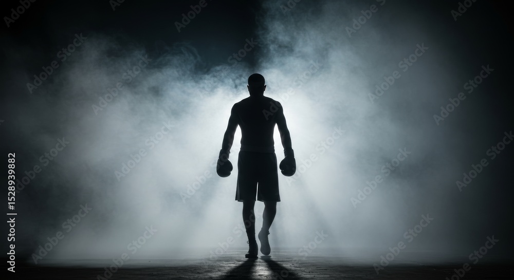 Silhouette of boxer walking through fog, spotlight from behind Silhouette of boxer walking through fog, spotlight from behind