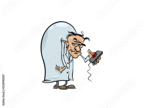 Cartoon mad scientist pressing a big red button