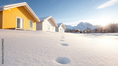 Wallpaper Mural A bright winter scene features colorful houses nestled in the snow, radiating warmth and cheerfulness under a clear blue sky, creating a picturesque and inviting atmosphere. Torontodigital.ca