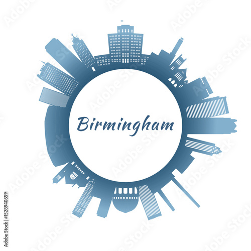 Birmingham AL skyline with colorful buildings. Circular style. Stock vector illustration