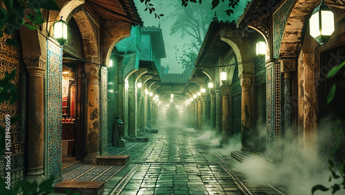Mystical arabian street at night illuminated by lanterns and whispers of mystical fog