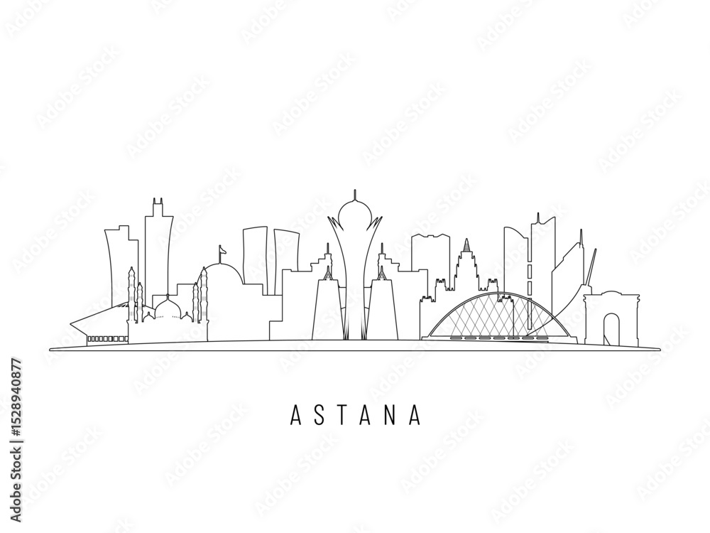 Fototapeta premium Detailed Astana skyline vector illustration. Astana buildings in line art style, perfect for modern designs.
