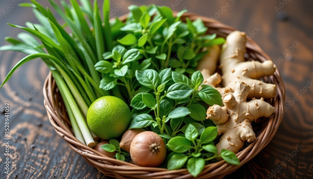 custom made wallpaper toronto digitala basket of fresh thai herbs: lemongrass, kaffir lime leaves, ginger, highlighted with antiviral energy waves, natural herbal medicine art