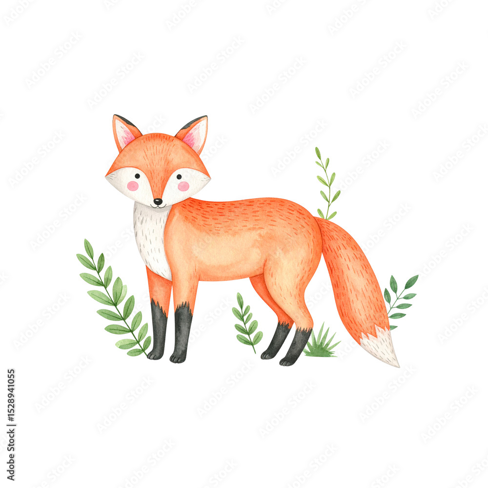 Obraz premium A cute cartoon red fox, a wild mammal, stands isolated on a white background with a sign, embodying the essence of wildlife