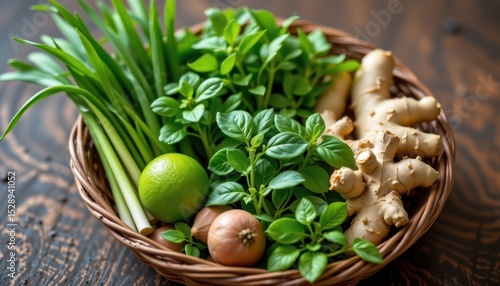 Wallpaper Mural a basket of fresh thai herbs: lemongrass, kaffir lime leaves, ginger, highlighted with antiviral energy waves, natural herbal medicine art Torontodigital.ca