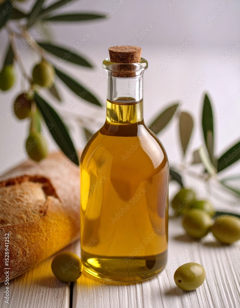 bottle of fresh olive oil with branch with green olives and ciabatta bottle of fresh olive oil with branch with green olives and ciabatta