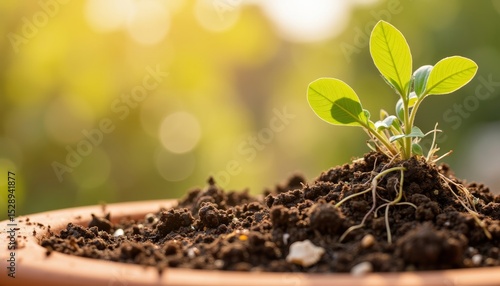 Fresh green seedling growing in soil during sunny afternoon  