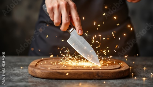 Chef cutting on wooden board with sparks flying in kitchen  