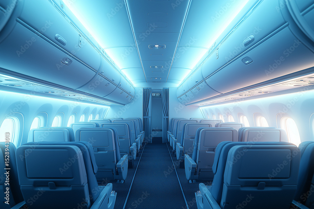 Fototapeta premium An empty airplane cabin with neatly arranged seats and a quiet atmosphere under blue lights.