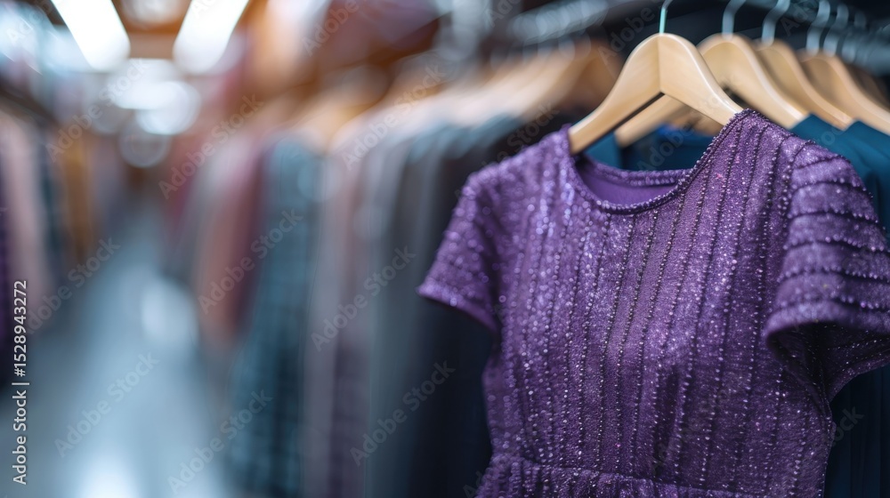 Fototapeta premium A stunning purple dress on a hanger in a stylish boutique captures the essence of fashion and style, inviting shoppers to explore the world of contemporary design and elegance.