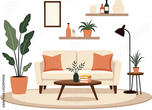Modern Living Room Interior with Potted Plants and Clean Design