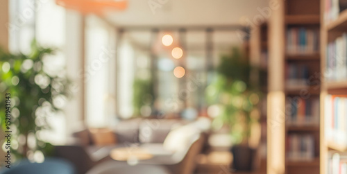 Blurred interior view of a room with furniture plants and a bookcase.