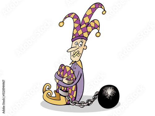Silenced jester chained and bound