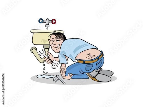 Funny cartoon plumber fixing leaky sink