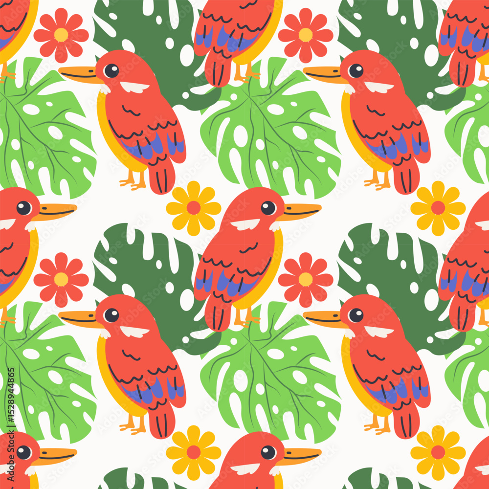 Fototapeta premium Seamless textile trendy vector pattern with exotic birds on a branch in tropical nature in exotic with tropical leaves abstract painting .Hand drawn illustration for fabric , paper and web design .