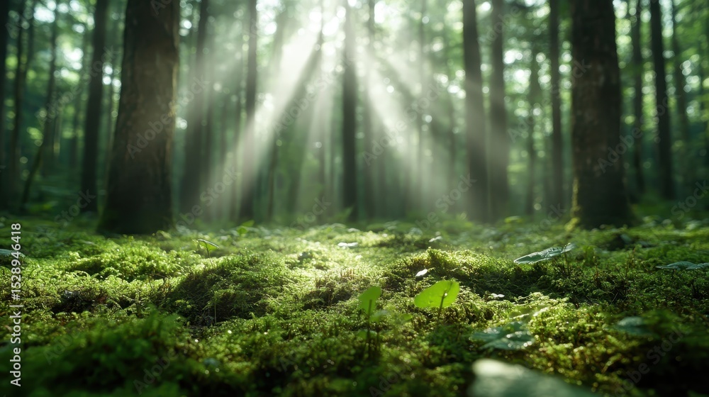 Obraz premium A breathtaking view of sunlight filtering through tall trees in a serene forest, highlighting the lush greenery and creating a peaceful and tranquil atmosphere for reflection.