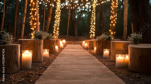 Wallpaper Mural A magical pathway in the woods, adorned with glowing fairy lights and surrounded by rustic candle arrangements, creating a romantic and enchanting atmosphere. Torontodigital.ca