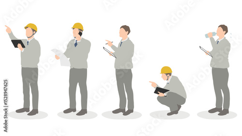 Construction Worker Vector Set – 5 Poses (Light Gray Uniform)