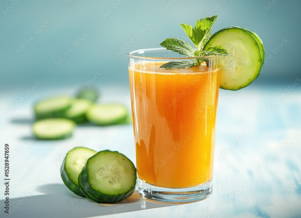 Fototapeta premium Watermelon cucumber mint juice on white table with pastel blue background, summer drink concept