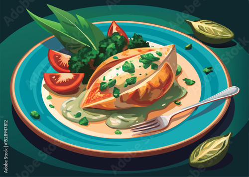 Appetizing baked chicken with broccoli and herbs.