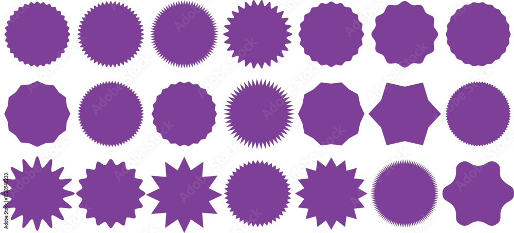 Set of circles with zigzag edges, Silhouette stickers circle, sunburst sticker shapes, circle and star shaped price tag, round stamp sticker vector icon set in purple color,Circle sticker, Wavy edge, 