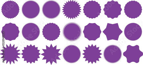 Set of circles with zigzag edges, Silhouette stickers circle, sunburst sticker shapes, circle and star shaped price tag, round stamp sticker vector icon set in purple color,Circle sticker, Wavy edge, 