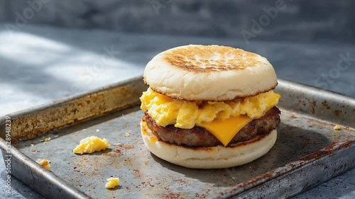 Fast Food Breakfast Sandwich with Egg, Cheese, and Sausage on English Muffin