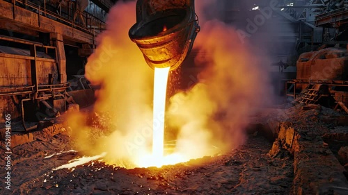 Pouring bright hot liquid steel or metal from ladle in blast furnace foundry metallurgical factory. Steel mill iron smelting process with bright sparks and smoke. motion video.