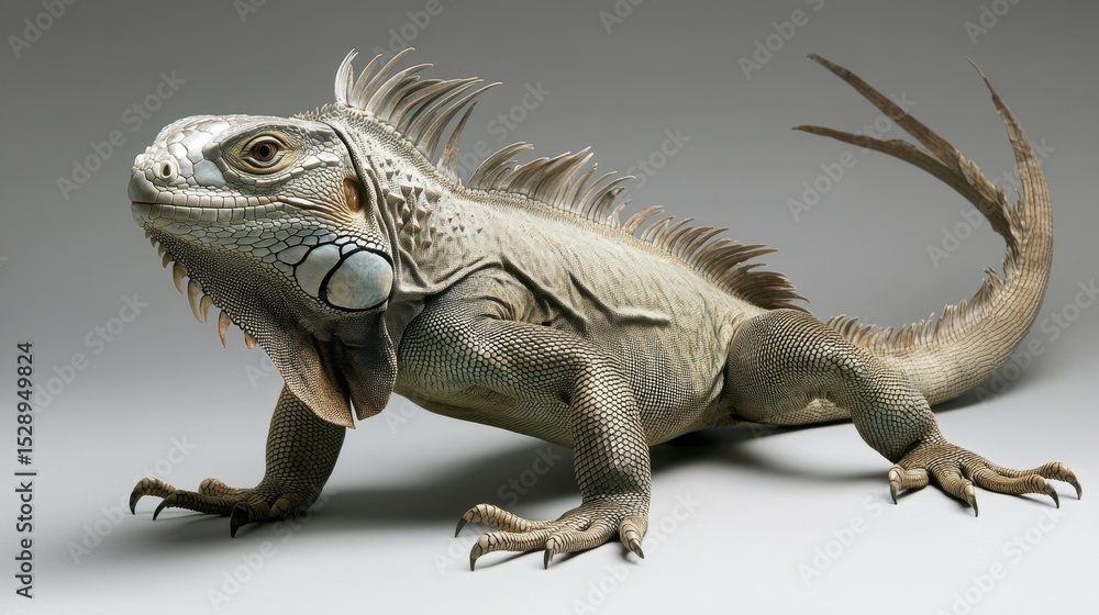 Naklejka premium High-angle iguana image with tail wrapping, focused lighting on body texture and tail ridges
